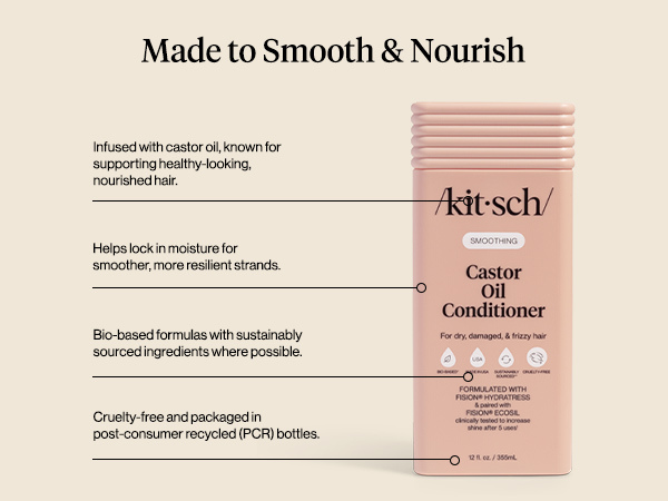 Kitsch Smoothing Castor Oil Liquid Conditioner for Women and Men &ndash; Nourishing Hair Conditioner for Dry, Damaged & Frizzy Hair &ndash; Clean, Color-Safe Hair Care, Bio-Based Formula, Made in USA