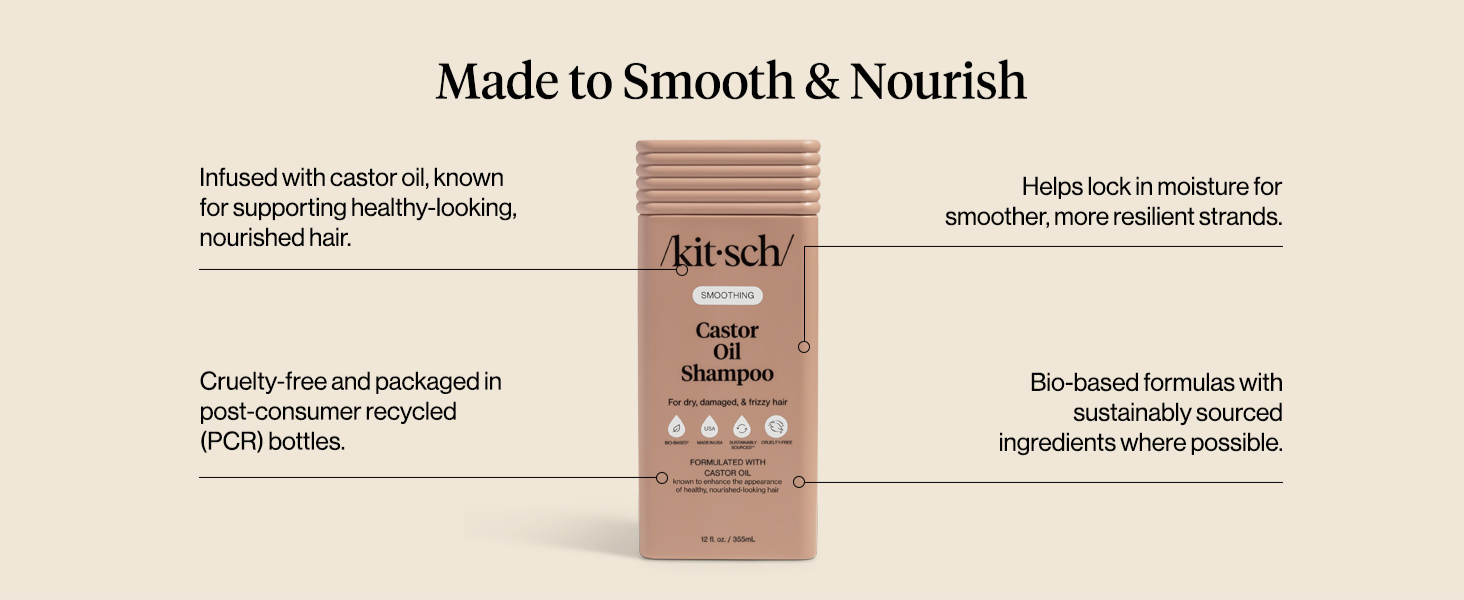 Kitsch Smoothing Castor Oil Liquid Shampoo &ndash; Nourishing Hair Shampoo for Men and Women &ndash; Smooths Dry, Damaged & Frizzy Hair &ndash; Clean, Bio-Based, Color-Safe Hair Care, Made in USA
