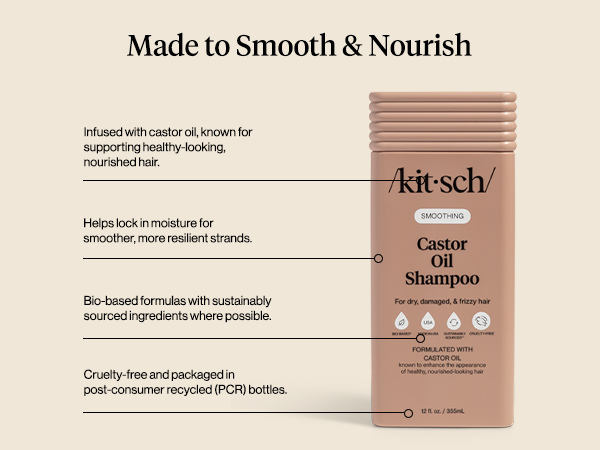 Kitsch Smoothing Castor Oil Liquid Shampoo &ndash; Nourishing Hair Shampoo for Men and Women &ndash; Smooths Dry, Damaged & Frizzy Hair &ndash; Clean, Bio-Based, Color-Safe Hair Care, Made in USA