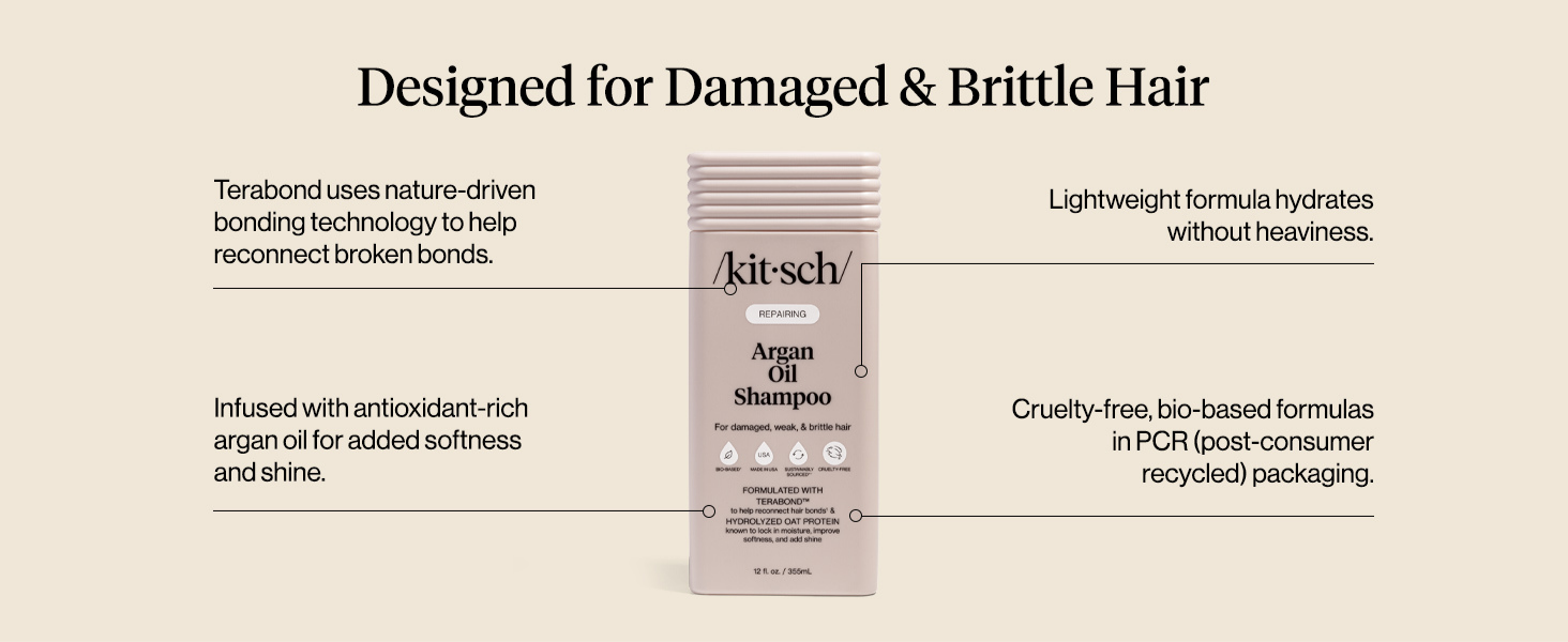 Kitsch Repairing Argan Oil Shampoo for Men & Women w/Terabond&trade; &ndash; Argan Oil for Hair, Repairs & Renews Damaged, Weak, & Brittle Hair &ndash; Silicone, Paraben & Sulfate Free Shampoo for Hair Care