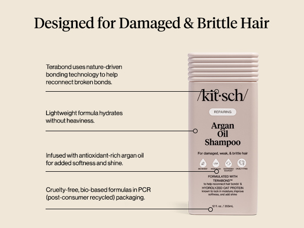 Kitsch Repairing Argan Oil Shampoo for Men & Women w/Terabond&trade; &ndash; Argan Oil for Hair, Repairs & Renews Damaged, Weak, & Brittle Hair &ndash; Silicone, Paraben & Sulfate Free Shampoo for Hair Care