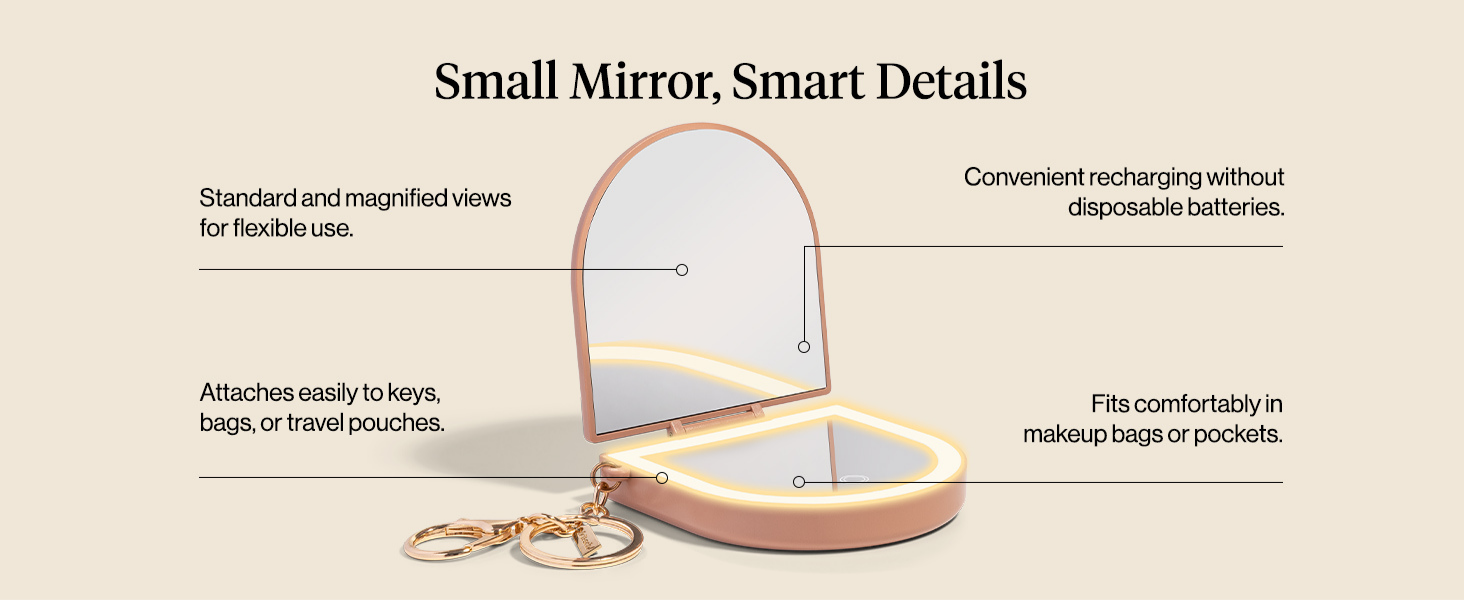 Kitsch Compact Mirror Keychain &ndash; Travel Makeup Mirror with Lights, Small Lighted Dual-Magnification Pocket Mirrors, USB-Rechargeable, Ideal for Your Touch-Ups While On Travel &ndash; Terracotta