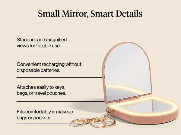 Kitsch Compact Mirror Keychain &ndash; Travel Makeup Mirror with Lights, Small Lighted Dual-Magnification Pocket Mirrors, USB-Rechargeable, Ideal for Your Touch-Ups While On Travel &ndash; Terracotta