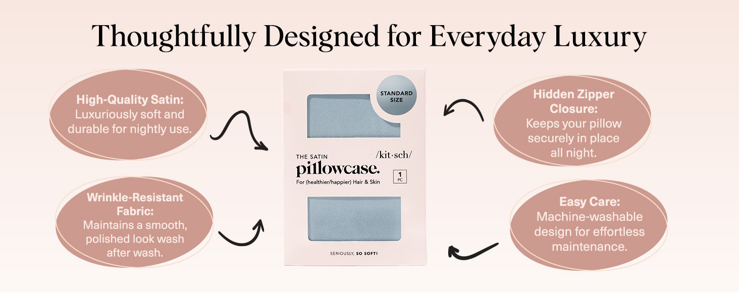 Kitsch Satin Pillowcase with Zipper for Hair & Skin - Softer Than Silk Pillow Cases, Smooth Cooling Satin Pillow Case, Wrinkle-Free, Machine Washable - Pillow Cases Standard Size (66x48 cm) - Haze Blue