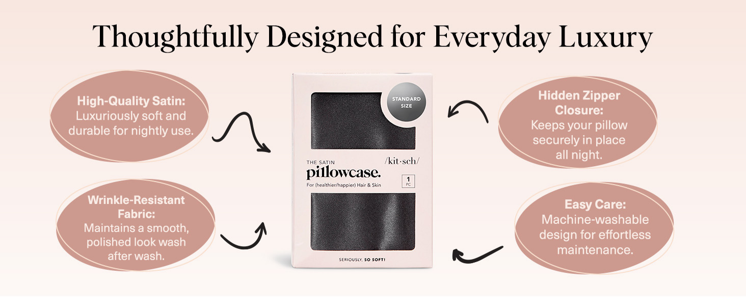 Kitsch Satin Pillowcase with Zipper for Hair & Skin - Softer Than Silk Pillow Cases, Smooth Cooling Satin Pillow Case, Wrinkle-Free, Machine Washable - Pillow Cases Standard Size (66x48 cm) - Charcoal