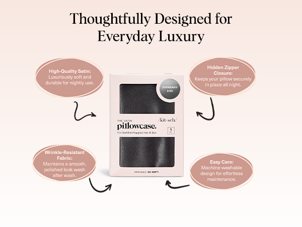 Kitsch Satin Pillowcase with Zipper for Hair & Skin - Softer Than Silk Pillow Cases, Smooth Cooling Satin Pillow Case, Wrinkle-Free, Machine Washable - Pillow Cases Standard Size (66x48 cm) - Charcoal