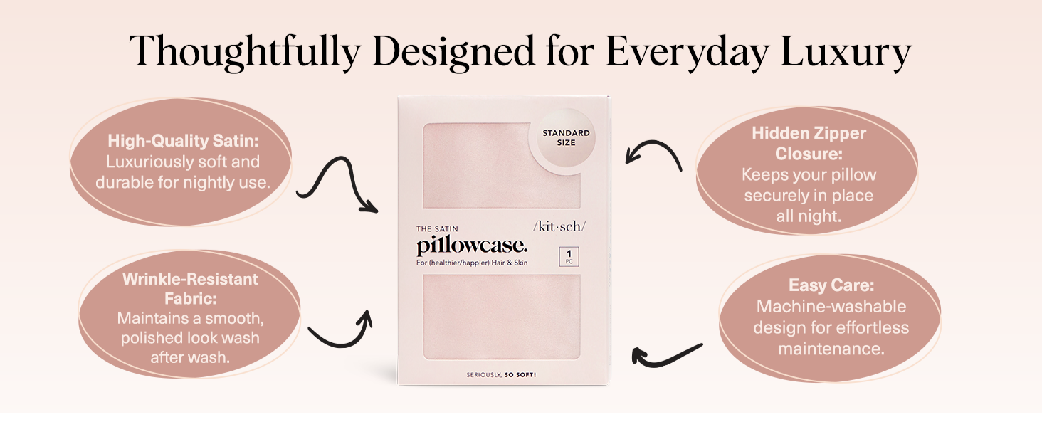 Kitsch Satin Pillowcase with Zipper for Hair & Skin - Softer Than Silk Pillow Cases, Smooth Cooling Satin Pillow Case, Wrinkle-Free, Machine Washable - Pillow Cases Standard Size (66x48 cm) - Blush