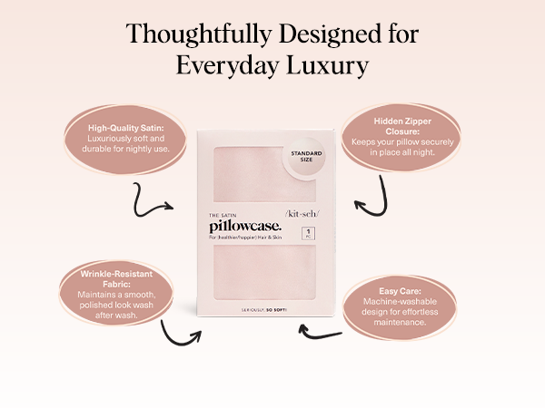 Kitsch Satin Pillowcase with Zipper for Hair & Skin - Softer Than Silk Pillow Cases, Smooth Cooling Satin Pillow Case, Wrinkle-Free, Machine Washable - Pillow Cases Standard Size (66x48 cm) - Blush