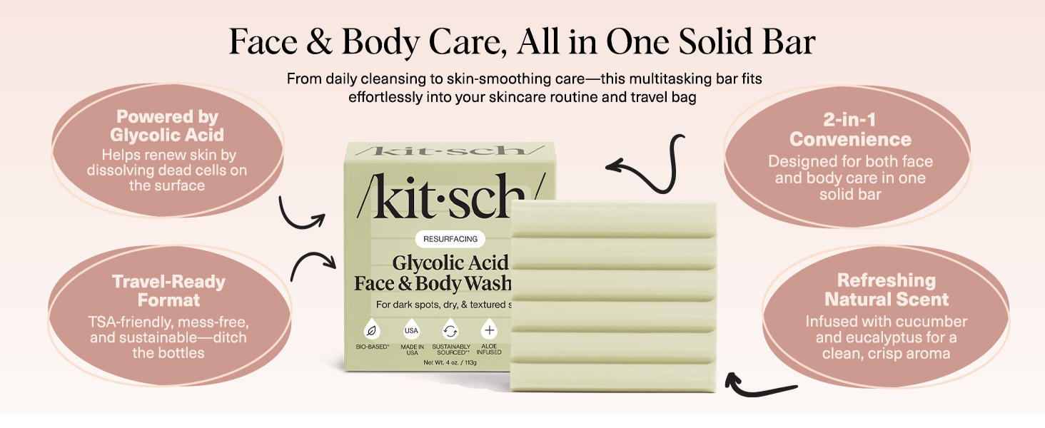 Kitsch Glycolic Acid Face & Body Wash Bar &ndash; Resurfacing Bar Soap with Shea Butter for Smoother, Brighter Skin &ndash; Gentle Soap & Body Wash Women & Men Love &ndash; Cucumber & Eucalyptus Scent Bath Soap - 113g