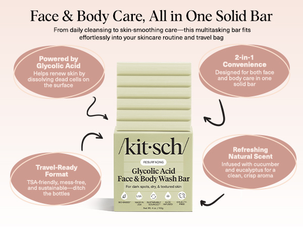 Kitsch Glycolic Acid Face & Body Wash Bar &ndash; Resurfacing Bar Soap with Shea Butter for Smoother, Brighter Skin &ndash; Gentle Soap & Body Wash Women & Men Love &ndash; Cucumber & Eucalyptus Scent Bath Soap - 113g