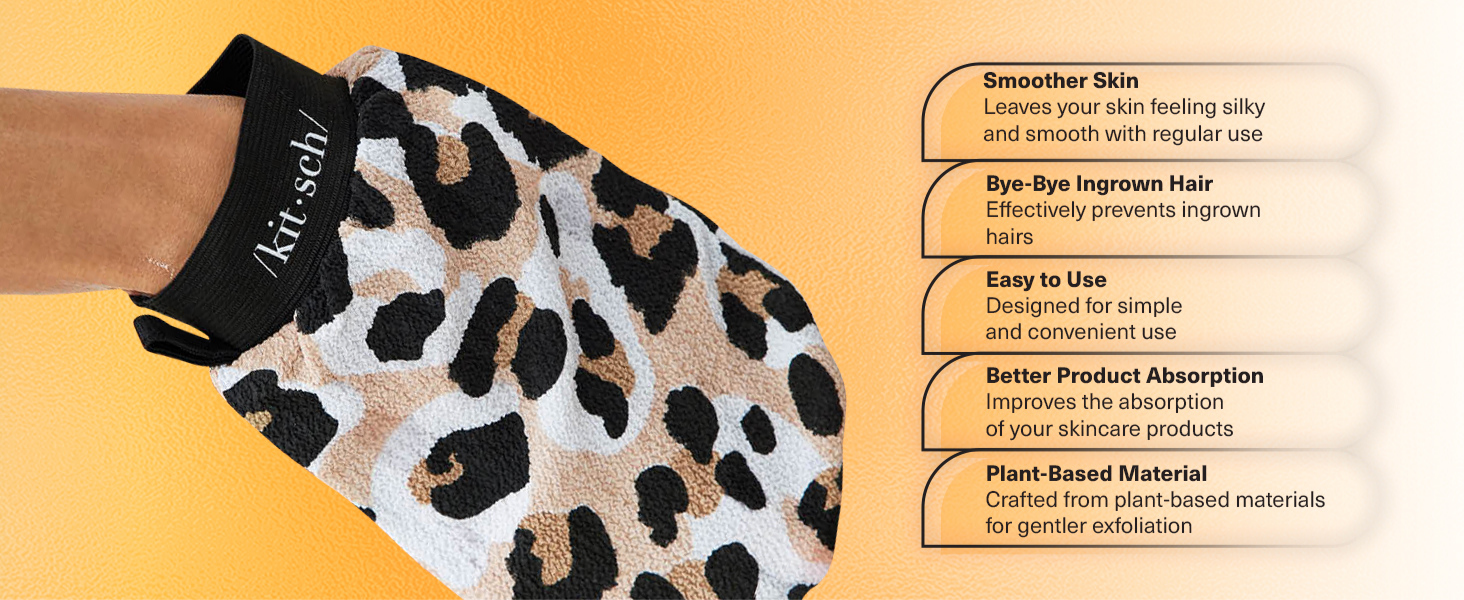 Kitsch Exfoliating Glove 1pc &ndash; Korean Exfoliating Mitt & Deep Exfoliating Body Scrubber for Shower, Bath | Body Exfoliator Glove, Dead Skin Remover | Skin Care for Smooth Skin - Leopard