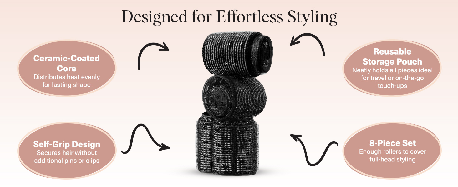 Kitsch Ceramic Hair Rollers for Women &ndash; Self Grip Hair Curlers for Heatless Curl Overnight, Long Lasting Frizz-Free Curls Volumizing Large Rollers for All Hair Types - Black, 8 count (Pack of 1)