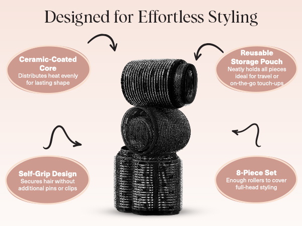 Kitsch Ceramic Hair Rollers for Women &ndash; Self Grip Hair Curlers for Heatless Curl Overnight, Long Lasting Frizz-Free Curls Volumizing Large Rollers for All Hair Types - Black, 8 count (Pack of 1)