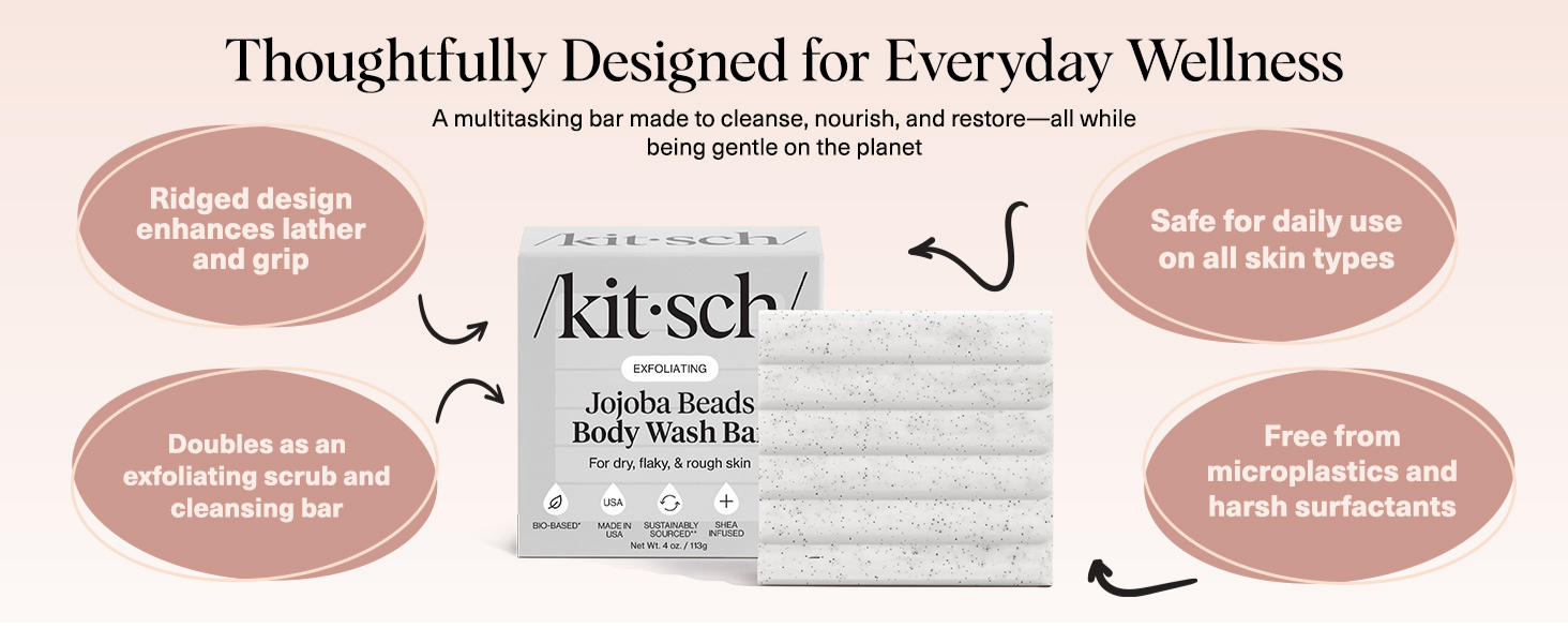 Kitsch Jojoba Beads Exfoliating Body Wash Bar &ndash; Nourishing Bar Soap with Shea Butter & Aloe for Dry, Flaky Skin &ndash; Soap bar & Body Scrub for Smooth, Refreshed Skin &ndash; Rosemary & Cedarwood Scent - 113g