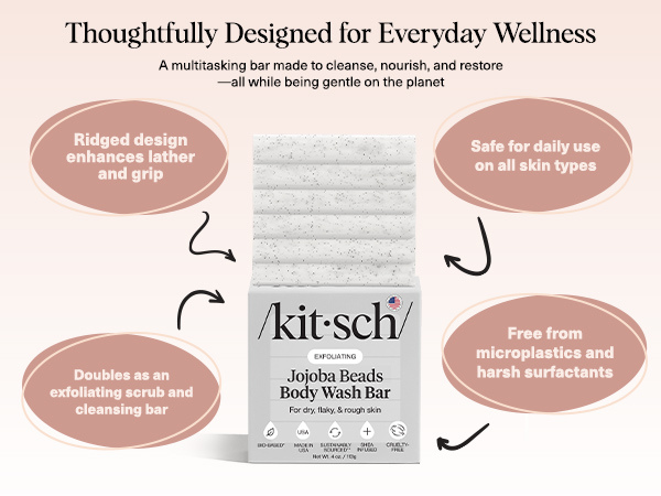 Kitsch Jojoba Beads Exfoliating Body Wash Bar &ndash; Nourishing Bar Soap with Shea Butter & Aloe for Dry, Flaky Skin &ndash; Soap bar & Body Scrub for Smooth, Refreshed Skin &ndash; Rosemary & Cedarwood Scent - 113g