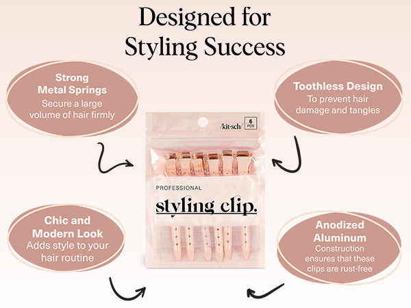 Kitsch Professional Alligator Clips for Hair Styling &ndash; 3.5" Aluminum Hair Sectioning Clips for Salon & Makeup Application | Ideal Gifts for Women &ndash; Rose Gold, 6 Pcs