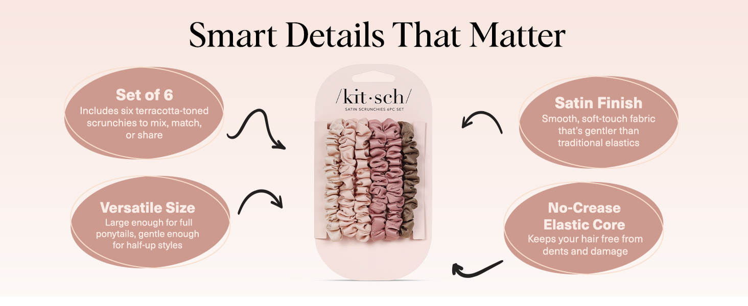 Kitsch Satin Scrunchies for Women - No Crease Hair Ties for Girls | Scrunchies For All Hair Types and Textures, Perfect for Day or Night | Ideal Gifts for Women - 6 Pcs, Terracotta