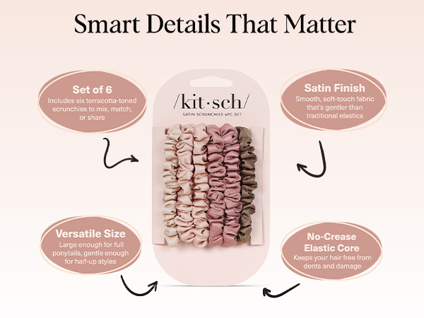 Kitsch Satin Scrunchies for Women - No Crease Hair Ties for Girls | Scrunchies For All Hair Types and Textures, Perfect for Day or Night | Ideal Gifts for Women - 6 Pcs, Terracotta