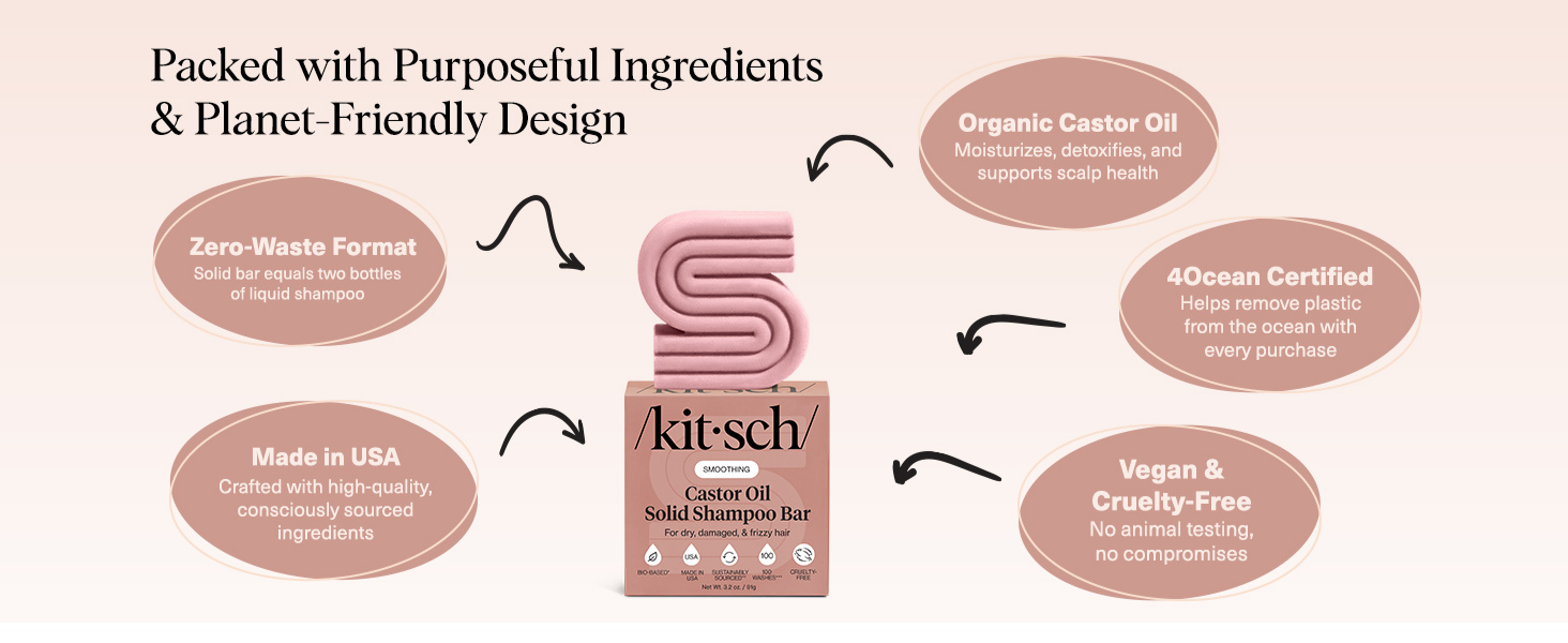 Kitsch Castor Oil Shampoo Bar Soap - Hydrating & Moisturizing Hair Care - Organic Castor Oil Solid Shampoo for Hair Growth & Scalp Nourishment - Silicone & Paraben-Free, Vegan