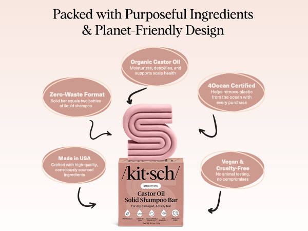 Kitsch Castor Oil Shampoo Bar Soap - Hydrating & Moisturizing Hair Care - Organic Castor Oil Solid Shampoo for Hair Growth & Scalp Nourishment - Silicone & Paraben-Free, Vegan
