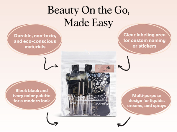 Kitsch 11 PCS Travel Containers for Toiletries &ndash; Travel Essentials Kit for Shampoo, & More - TSA Approved Bottles for Travel Size Toiletries, Leak-Proof Refillable Travel Containers - Black & Ivory
