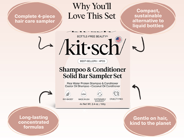 Kitsch Shampoo and Conditioner Set - 4pc Sampler Bars with Rice Water Shampoo and Conditioner, Castor Oil Shampoo & Coconut Oil Conditioner - Bottle-Free Beauty for Hair Growth, Repair & Moisture