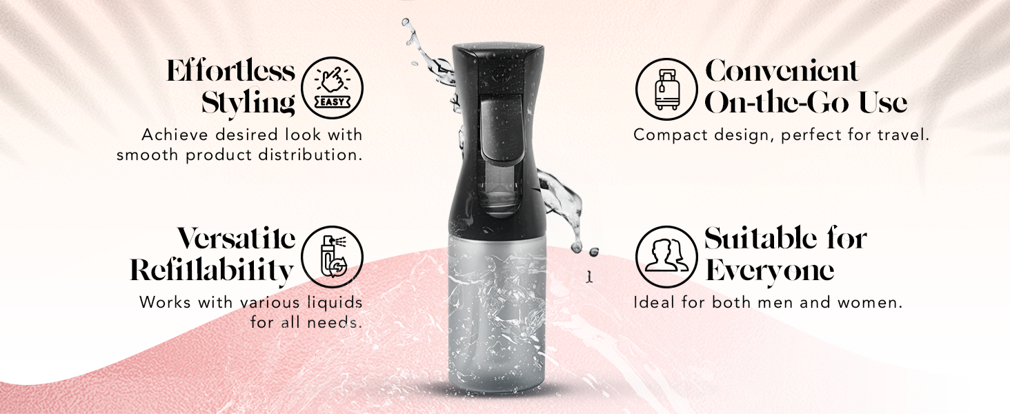 Kitsch Continuous Spray Bottle for Hair &ndash; Fine Mist Water Mister & Water Spray Bottle &ndash; Recycled Hair Spray Bottle &ndash; Spray Bottles for Cleaning, Styling, Plants & More &ndash; Black, 150ml