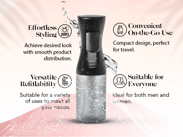 Kitsch Continuous Spray Bottle for Hair &ndash; Fine Mist Water Mister & Water Spray Bottle &ndash; Recycled Hair Spray Bottle &ndash; Spray Bottles for Cleaning, Styling, Plants & More &ndash; Black, 150ml