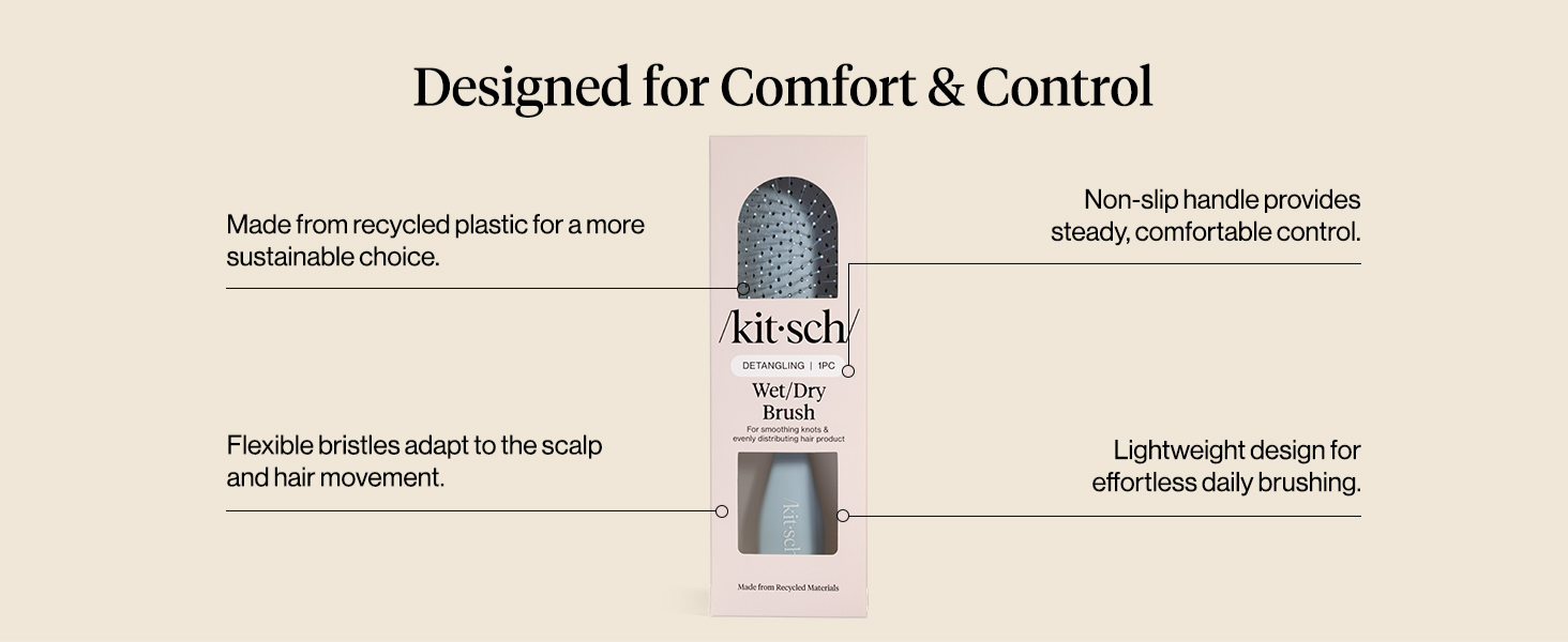 Kitsch Recycled Plastic Wet/Dry Hair Brush, Detangling Tool for Curly or Straight Styles, Brush for Tangled Strands, Flexible Hairbrush Bristles, Brushes for Women & Men, Adults & Kids - Haze Blue
