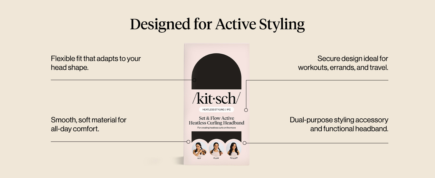 Kitsch Set & Flow Active Heatless Curling Headband For Women – Achieves Heatless Curls Overnight, No Heat Damage | Heatless Curlers with Flexible Fit | Great During Gym Sessions, Travel - Black, 1pc