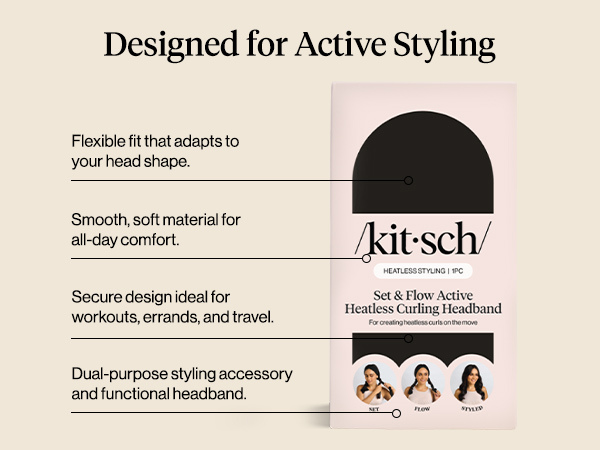 Kitsch Set & Flow Active Heatless Curling Headband For Women – Achieves Heatless Curls Overnight, No Heat Damage | Heatless Curlers with Flexible Fit | Great During Gym Sessions, Travel - Black, 1pc
