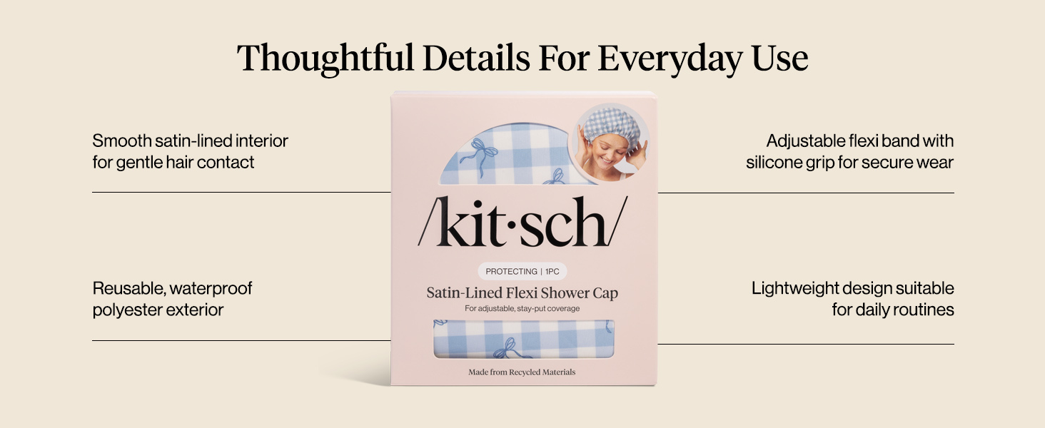 Kitsch Luxury Satin-Lined Flexi Shower Cap for Women - Gingham Blue | Shower Caps for Women Reusable Waterproof - Non-slip, Comfortable Quick-dry Hair Shower Cap for All Hair Types
