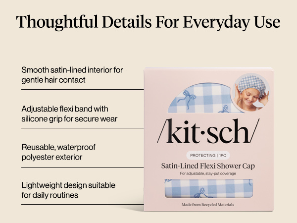 Kitsch Luxury Satin-Lined Flexi Shower Cap for Women - Gingham Blue | Shower Caps for Women Reusable Waterproof - Non-slip, Comfortable Quick-dry Hair Shower Cap for All Hair Types