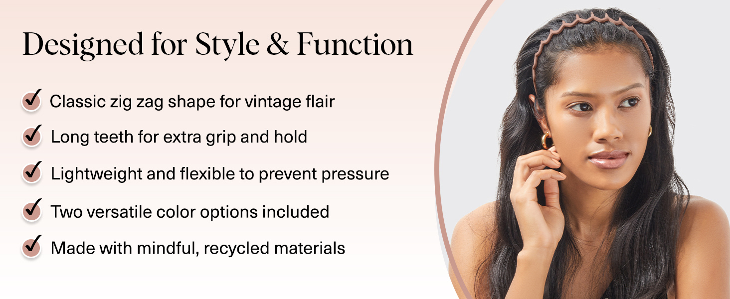Kitsch Zig Zag Headbands for Women - Neutral, 2 pcs, Fashion Accessories for Slicked Back Styles | Comfortable Wavy Headbands | Comb Headband with Teeth