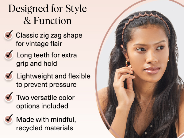 Kitsch Zig Zag Headbands for Women - Neutral, 2 pcs, Fashion Accessories for Slicked Back Styles | Comfortable Wavy Headbands | Comb Headband with Teeth