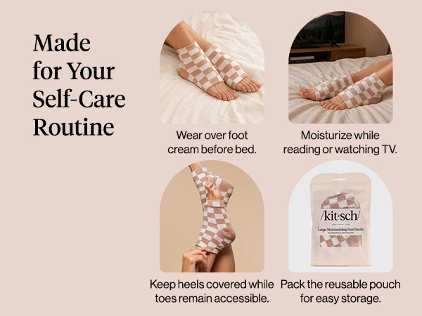 Kitsch Large Moisturizing Heel Socks - Terracotta Checker Moisturizing Heel Socks for Women & Men, Overnight Foot Masks with Insulated Gel Lining for Cracked Heels, Open-Toe Design