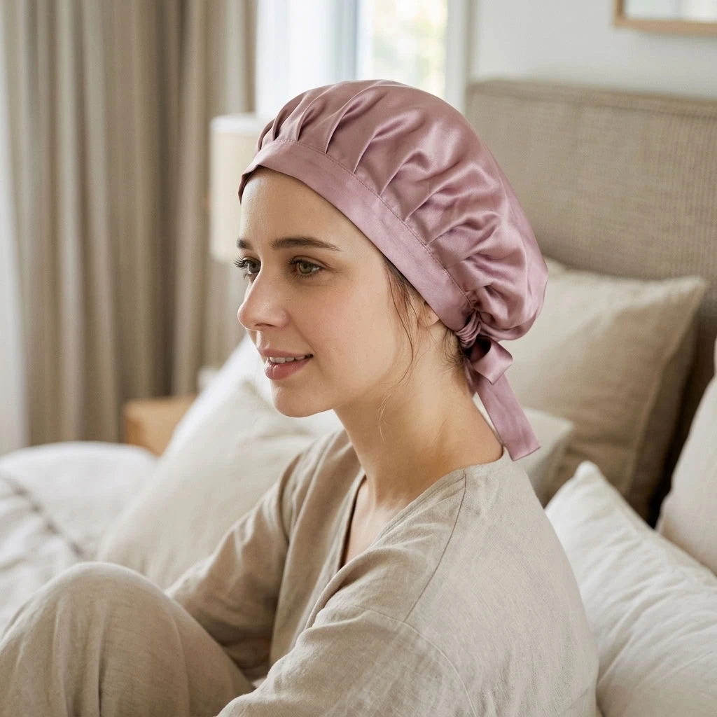 Woman wearing a pale mauve silk bonnet during her hair-care routine
