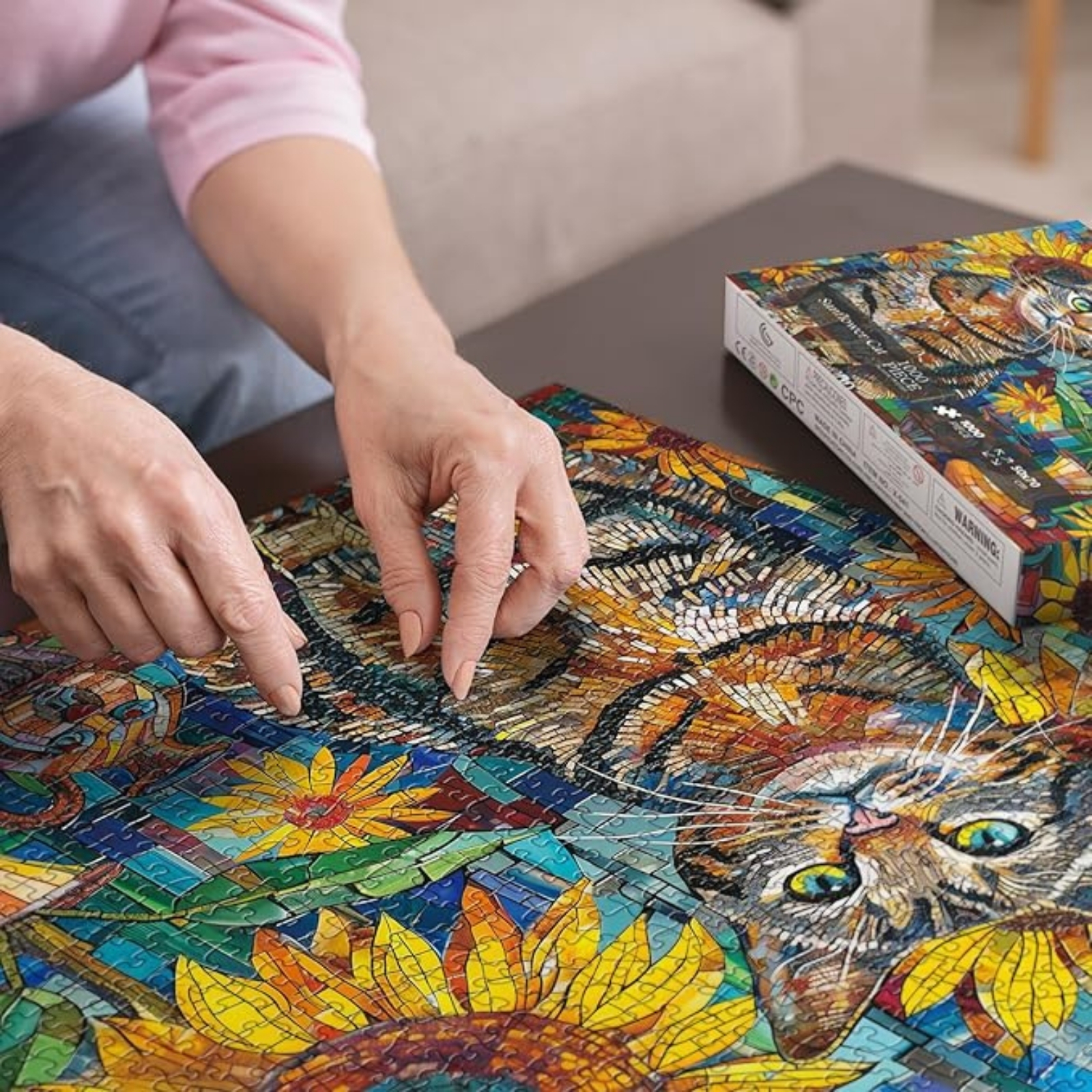 Sunflower Cat 1000 Piece Jigsaw Puzzle for Adults. This impossible puzzle is made of three-layer cardboard and printed with non-toxic ink. Each piece of art puzzle 1000 pieces has been precisely cut to ensure a perfect fit.