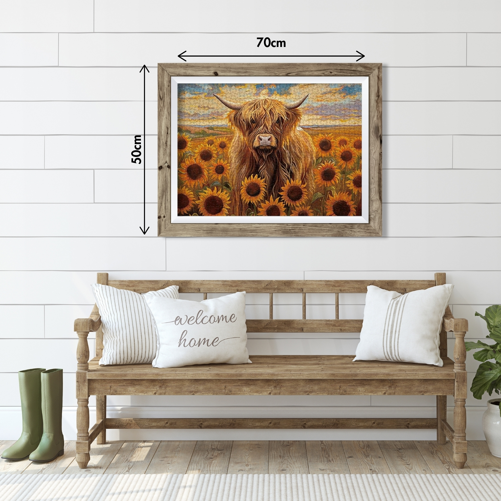 Sunflowers and Cow 1000 Piece Jigsaw Puzzle for Adults - Included in the Package: Unbox a beautifully designed packaging box containing the puzzle pieces and a high-definition poster. Upon completion, the puzzle transforms into a stunning 70x50cm artwork, showcasing the harmonious blend of sunflowers and the gentle presence of the cow in vivid colors.