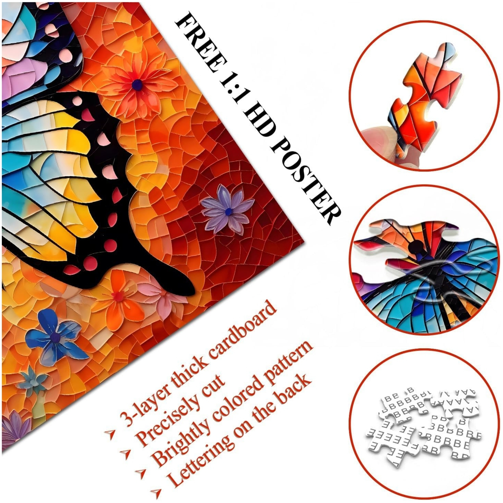 Mosaic Butterfly Art 1000 Piece Jigsaw Puzzle for Adults - Excellent workmanship 1000 piece jigsaw puzzle