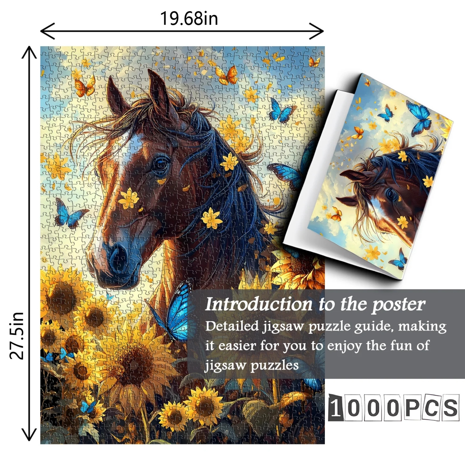 Horse Among Blossoms 1000 Piece Jigsaw Puzzle: What's Included - Unveil the treasures within - a charmingly designed packaging box, an ultra-high definition poster, and a completed puzzle measuring 70cm x 50cm, ready to adorn your space.