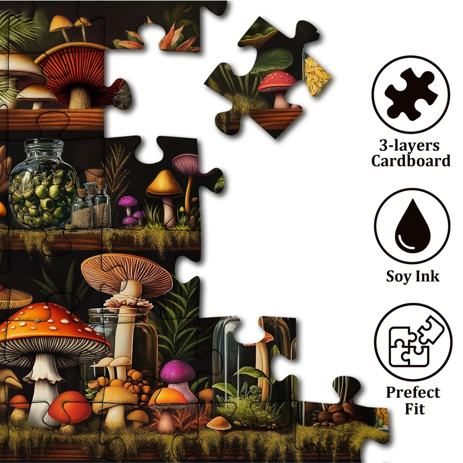 Mushroom Bookshelf 1000 Piece Jigsaw Puzzle: High-Quality Materials:Made with premium thick cardboard, this puzzle is sturdy, durable, and resistant to warping. The surface is specially treated for vivid, non-reflective colors, ensuring the finished piece looks like a masterpiece.