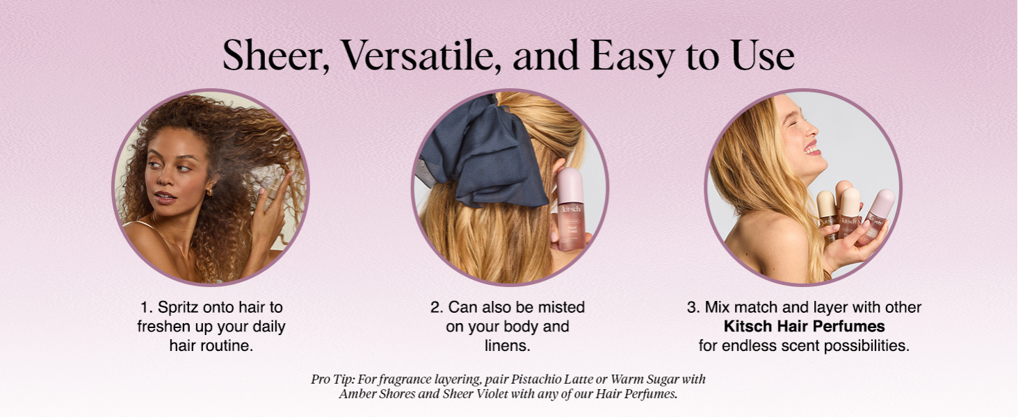 Kitsch Hair Perfume for Women - Sheer Violet | Clean, Deodorizing & Patented Odor-Eliminating Technology Hair Spray & Body Mist - Freshen Hair, Body & Pillows - Raspberry, Soft Musk Scent - 50mL