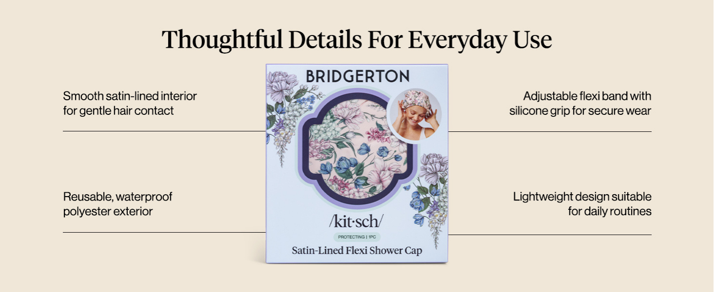 Bridgerton x Kitsch Satin-Lined Flexi Shower Caps for Women Reusable Waterproof - Large Wide Shower Cap for Women & Men, Adjustable, Stylish Hair Cap for Showers, For Long & Short Hair - Wisteria