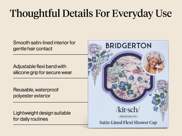 Bridgerton x Kitsch Satin-Lined Flexi Shower Caps for Women Reusable Waterproof - Large Wide Shower Cap for Women & Men, Adjustable, Stylish Hair Cap for Showers, For Long & Short Hair - Wisteria