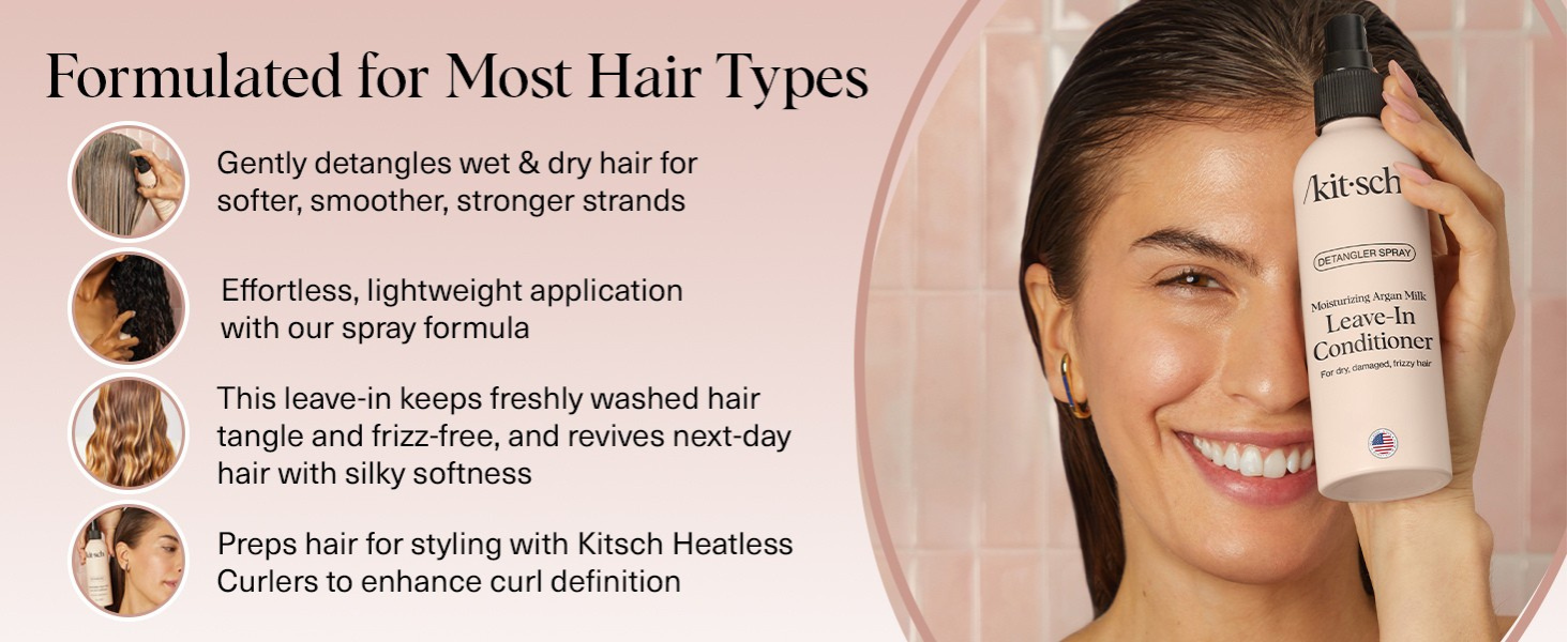 Kitsch Argan Milk Leave In Conditioner Spray – Hair Detangler Spray for Curly, Wavy, Fine, Dry & Damaged Hair - Silicone-Free | Ideal Gifts for Women