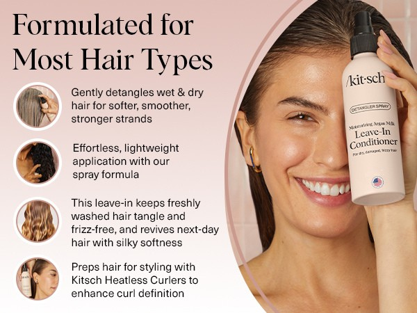 Kitsch Argan Milk Leave In Conditioner Spray – Hair Detangler Spray for Curly, Wavy, Fine, Dry & Damaged Hair - Silicone-Free | Ideal Gifts for Women