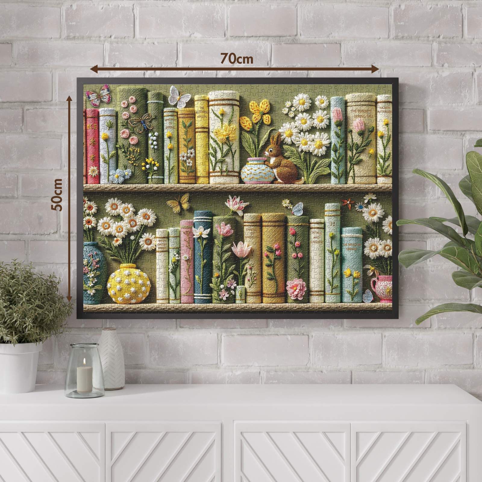 Spring Floral Bookshelf Puzzles for Adults 1000 Pieces, Challenging Bunny Garden Library with Flower and Butterfly, Vintage Botanical Book Spine Aesthetic Art Jigsaw Puzzle