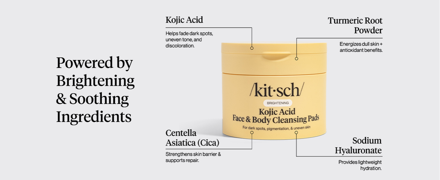 Kitsch Kojic Acid Cleansing Pads with Turmeric & Cica to Smooth, Refresh & Even Tone Skin Care &ndash; Exfoliating & Brightening Pre-Soaked Cotton Pads for Face and Body &ndash; 50 count