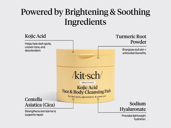 Kitsch Kojic Acid Cleansing Pads with Turmeric & Cica to Smooth, Refresh & Even Tone Skin Care &ndash; Exfoliating & Brightening Pre-Soaked Cotton Pads for Face and Body &ndash; 50 count